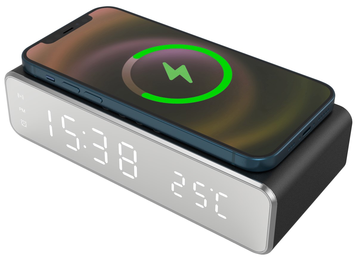 SVEGLIA NERA RICARICA WIRELESS X SM ARTPHONE E EARBUDS(DOTATI DI RICAR