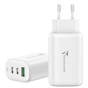 CARICA BATTERIA RAPIDO GAN 3P (2USB -C+1 USB-A) 65WATT BIANCO