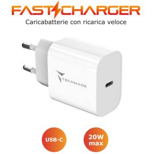 CARICA BATTERIA RAPIDO 1P USB-C 20W BIANCO TECHMADE