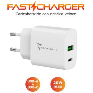 CARICA BATTERIA RAPIDO 1P USB-C/1P USB-A 20W BIANCO TECHMADE