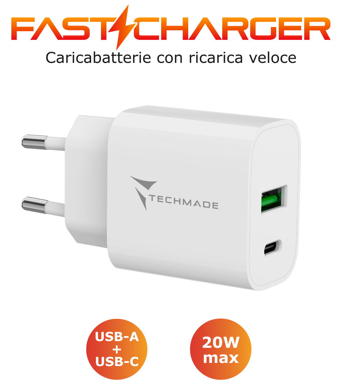 CARICA BATTERIA RAPIDO 1P USB-C/1P USB-A 20W BIANCO TECHMADE